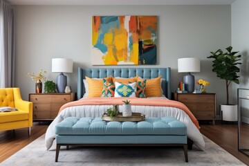 The master bedroom in the new home is decorated with vibrant and colorful furniture.