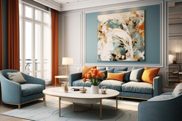 The living room is adorned with a fashionable interior design, featuring a cozy couch and armchair.