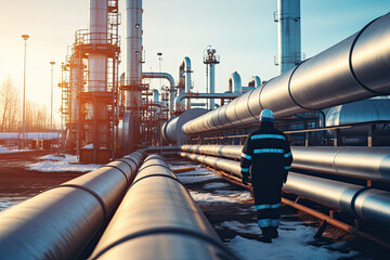Engineer inspecting the industrial pipeline - obrazy, fototapety, plakaty