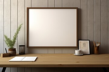 The interior of a home office featuring a white table where a picture frame, coffee cup, notebook, and pencil holder are placed. There is an empty area for additional items or writing space.