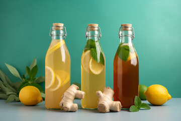 Generative AI. Huckleberry Ginger Kombucha. Ginger Ale or Kombucha in Bottle - Homemade lemon and ginger organic probiotic drink. lemonade - obrazy, fototapety, plakaty