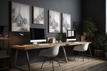 Generative AI. Comfortable office chair near table with modern computer. Background of minimal home office workplace in modern apartment decorated by plants and abstract art, copy space