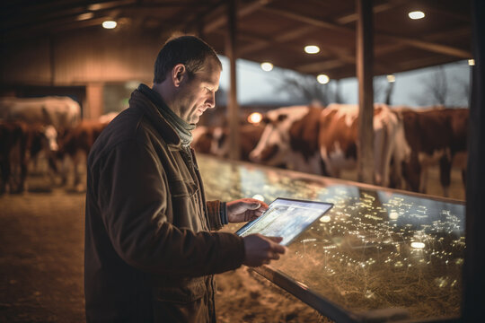 Smart Agritech Livestock Farming, Farmer Hands Using Digital Tablet, Smartphone App Reading Dairy Cows Data Tag Agritech Concept, Smiling Man Using Smartphone Modern Barn With Brown Cows Eating Grass 