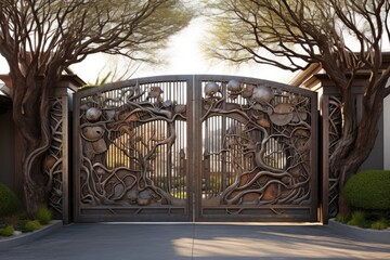 The front gate is made of steel and has an automated system for sliding it open. - obrazy, fototapety, plakaty