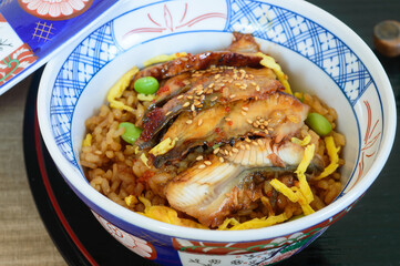Unadon is a dish originating in Japan. It consists of a donburi type large bowl filled with steamed white rice, and topped with fillets of eel. 