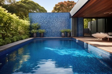 The backyard of a modern Australian residence featuring a swimming pool made of tiles.