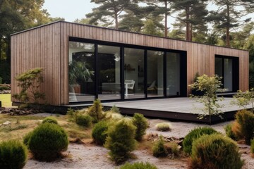 The front yard of the wooden holiday home is void of any objects or vegetation.
