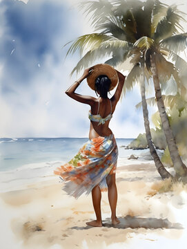 Watercolor of Tropical Paradise. Lady on Beach. Greeting Card. Wall Art. 