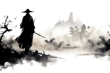 samurai and lake illustration in Chinese brush stroke calligraphy in black and grey drawing inking