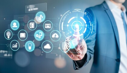 businessman pressing social network icon