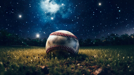 野球選手になる夢をイメージした美しい夜空と野球のボールの風景　Generative AI - obrazy, fototapety, plakaty