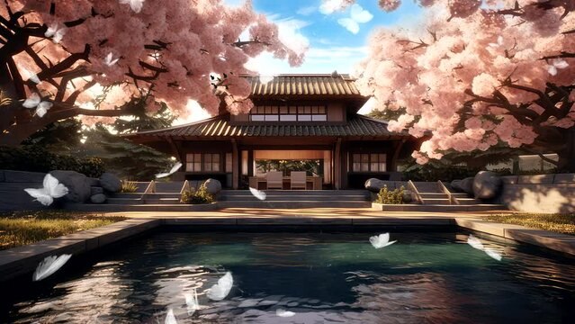 animation video background landscape Japanese temple  house, with blossom sakura tree and pool, fuji mount blue sky