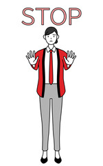 ストップの合図、体の前に手を突き出す赤い法被を着た販売員の女性