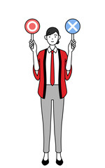 正解と不正解を示す棒を持つ赤い法被を着た販売員の女性