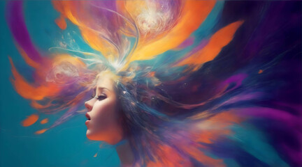 The vibrant journey of colorful art and flowing hair, Symbolizing Creativity, Freedom, and Dynamic Energy concept, Ai generated 