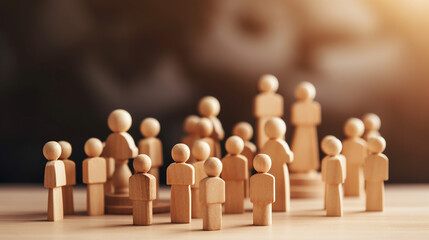 Successful team leader with businessman hand choose people standing out from the crowd, wooden toys