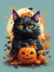 Illustration of a black cat perched on a pile of pumpkins