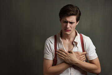 young man pressing chest painful