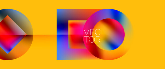 Squares and circles design. Fluid color gradients with metallic effects. Serene synergy of shapes, merging squares and circles into harmonious, captivating design