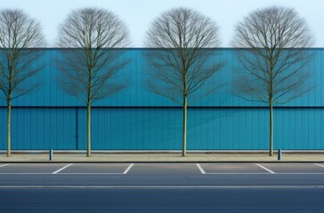 Urban street lined with trees, leading to a building with a dark blue wall and car park, composed in a light turquoise and green style. Generative AI