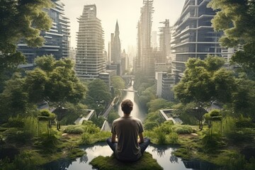 Person meditating in an urban garden transitioning into a lush forest landscape, symbolizing the transformation of city space into a green oasis. Generative AI - obrazy, fototapety, plakaty