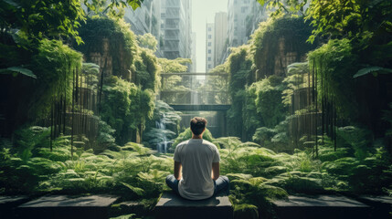 Meditating in a city garden, amidst a verdant spread of trees transitioning into a forest landscape, symbolizes an urban space's transformation into a green oasis. Generative AI