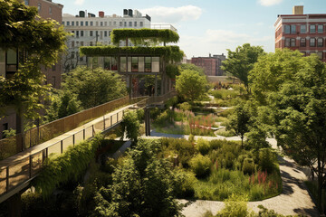 The transformation of an urban space into a green oasis exemplifying urban greening for wellbeing and tranquility. A serene escape in the heart of the city. Generative AI