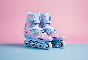 pastel rollerblades isolated on plain pink and blue studio background made with generative ai - obrazy, fototapety, plakaty
