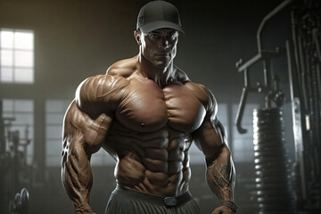 Fototapeta na wymiar Very muscular and defined bodybuilder shirtless posing in a gym