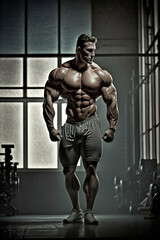 Fototapeta na wymiar Caucasian bodybuilder posing shirtless in a gym. Full-body shot