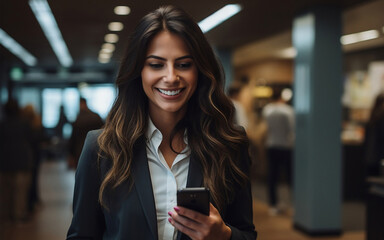 Happy smiling female worker using her phone in office. AI Generated Image