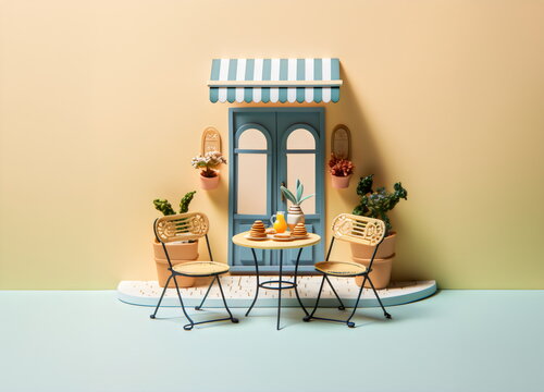 breakfast on table with chairs miniature model isolated on blue and yellow studio background, made with generative ai