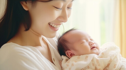 Obraz na płótnie Canvas Adorable newborn baby smile and relax in mother arm safety and comfortable.Healthy Asian newborn infant baby laughing with happiness good moment.Mother holding infant baby.Newborn Baby concept