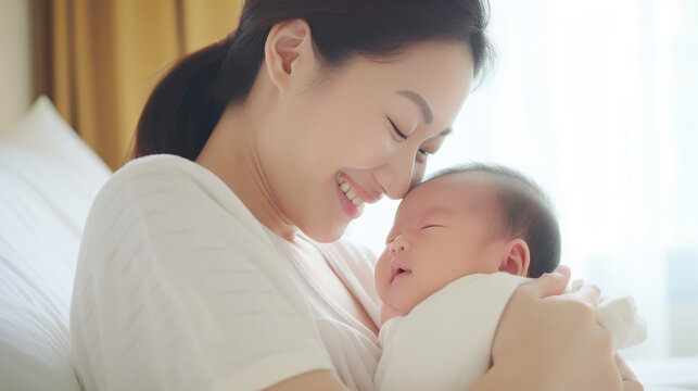 Adorable newborn baby smile and relax in mother arm safety and comfortable.Healthy Asian newborn infant baby laughing with happiness good moment.Mother holding infant baby.Newborn Baby concept