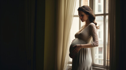 Fototapeta premium A pregnant woman in a dress sits by the window
