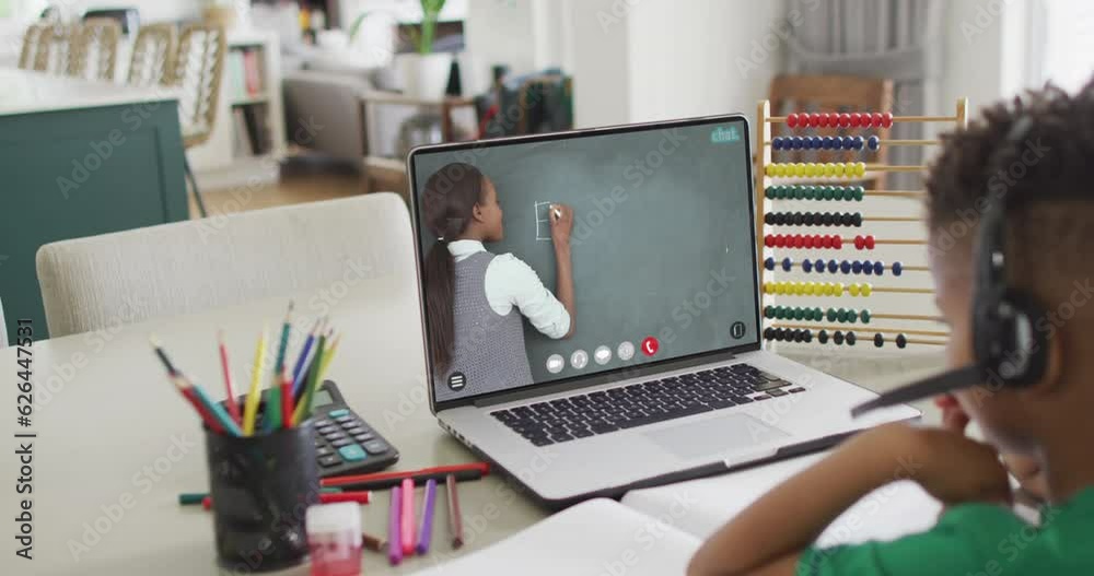 Wall mural Composition of biracial boy on laptop online learning with african american female teacher