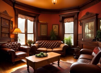 Fototapeta premium a living room decorated with a leather sofa and pine wood furniture in a traditional Victorian house setting. Generative AI