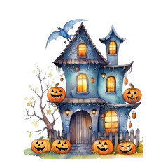 Halloween haunted house, watercolor style. Halloween concept .created with Generative AI technology