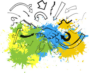 Digital png illustration of colourful stains, hands and arrows on transparent background