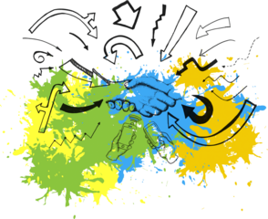 Digital png illustration of colourful stains, hands and arrows on transparent background