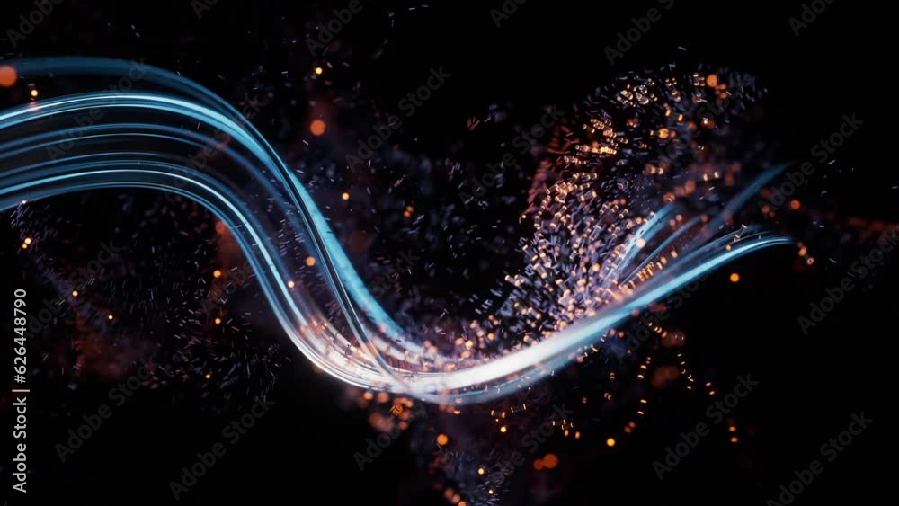 Poster flowing curve and particles background, 3d rendering.