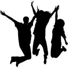 Digital png illustration of black silhouette of happy group of people on transparent background
