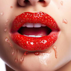 a mouth with strawberry lips - obrazy, fototapety, plakaty