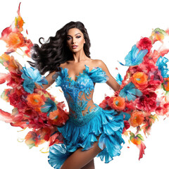 A woman wearing a blue dress adorned with flowers