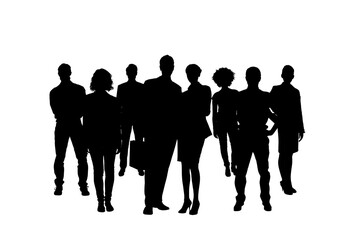 Digital png illustration of black silhouettes of group of people on transparent background