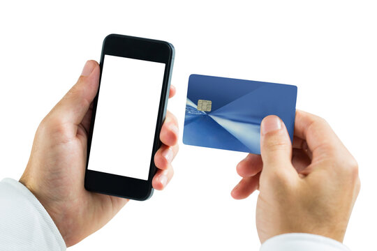 Digital png photo of hands of man using smartphone and credit card on transparent background