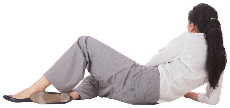 Digital png photo of caucasian businesswoman lying on transparent background