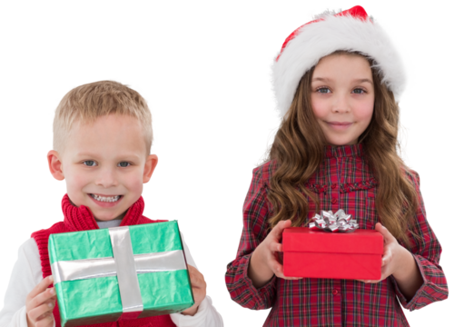 Digital png photo of two caucasian children holding gifts on transparent background - Powered by Adobe