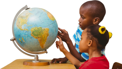 Digital png photo of happy diverse children looking on globe on transparent background