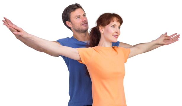 Digital png photo of happy caucasian couple standing outstretching hands on transparent background